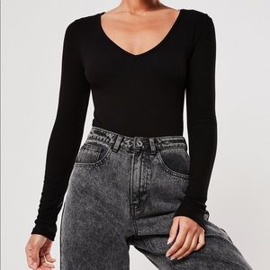 Black Rib V Neck Bodysuit